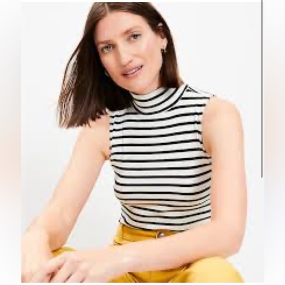 LOFT Ribbed Striped Stretch Black White Mock Neck Sleeveless Blouse - Size M
